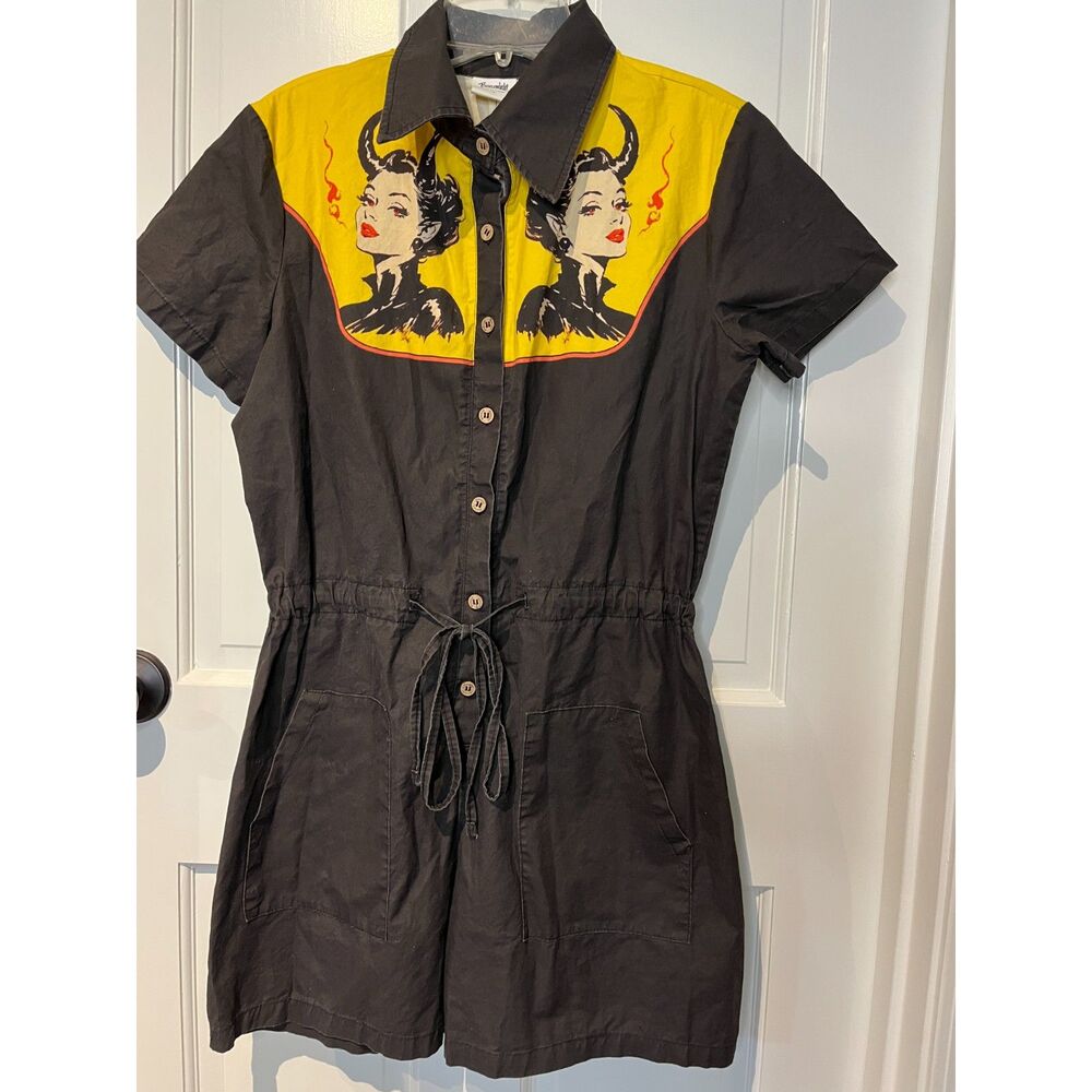 Boozelele Black Yellow Devil Graphic Romper Button Front Tie Waist Size L